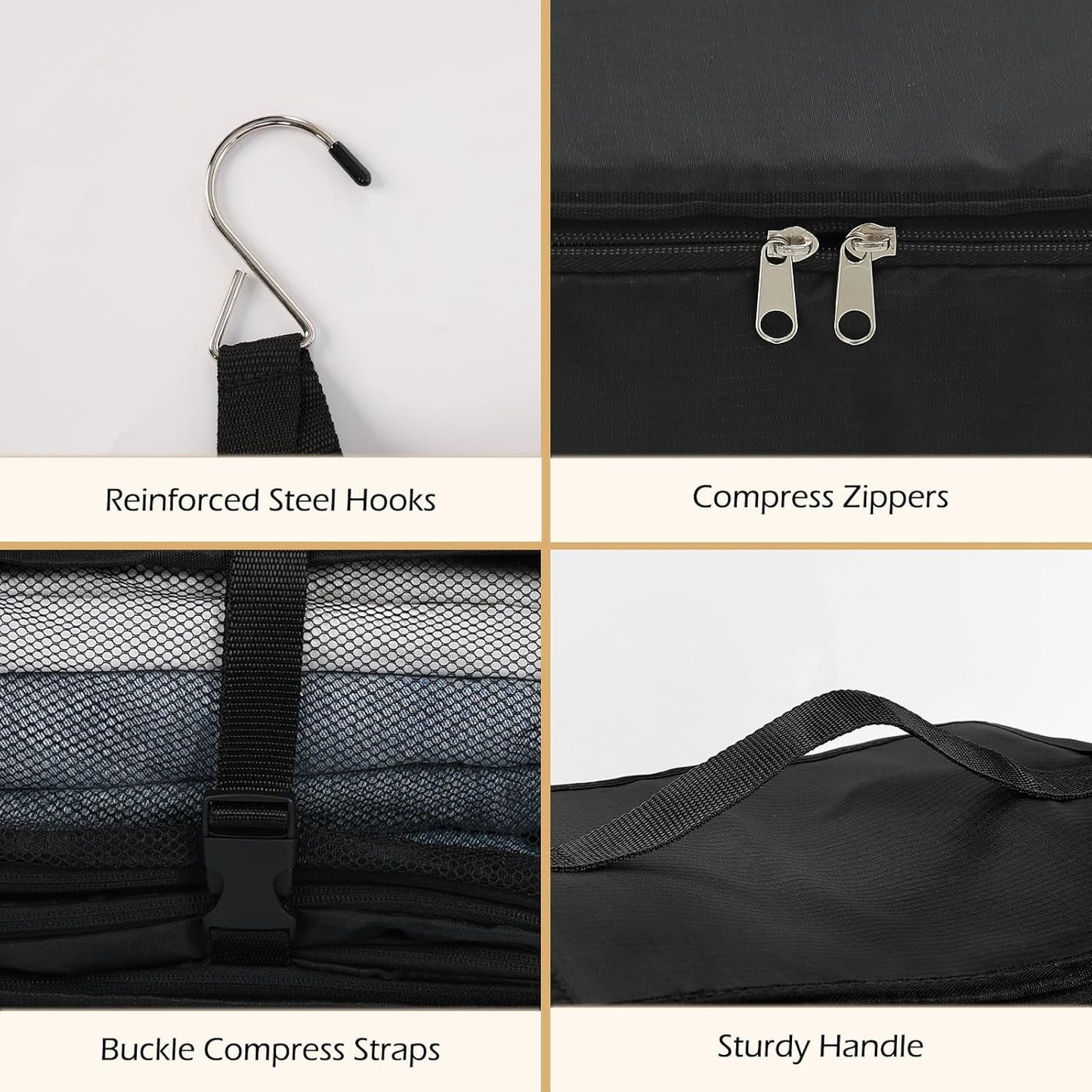 Surblue Hanging Shelves Travel Storage Bag Compression Packing Cube for Suitcase Portable Closet Organizer Collapsible with Extension Layer Large Capacity,Black,XL