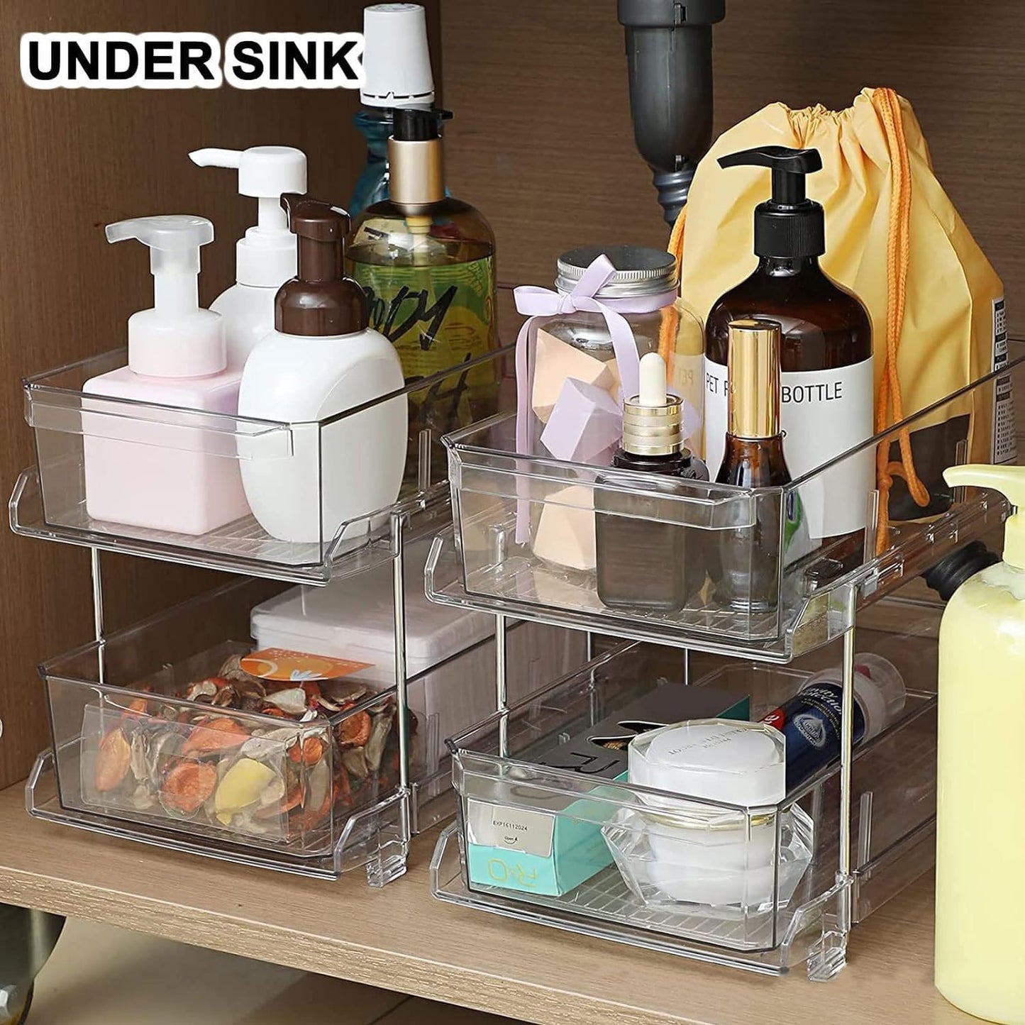 2 Sets of 2 Tier Clear Organizer with Dividers, Bathroom Organizers and Storage, Pull Out Under Sink Organizer, Closet Organizers and Storage, Kitchen Organizers and Storage