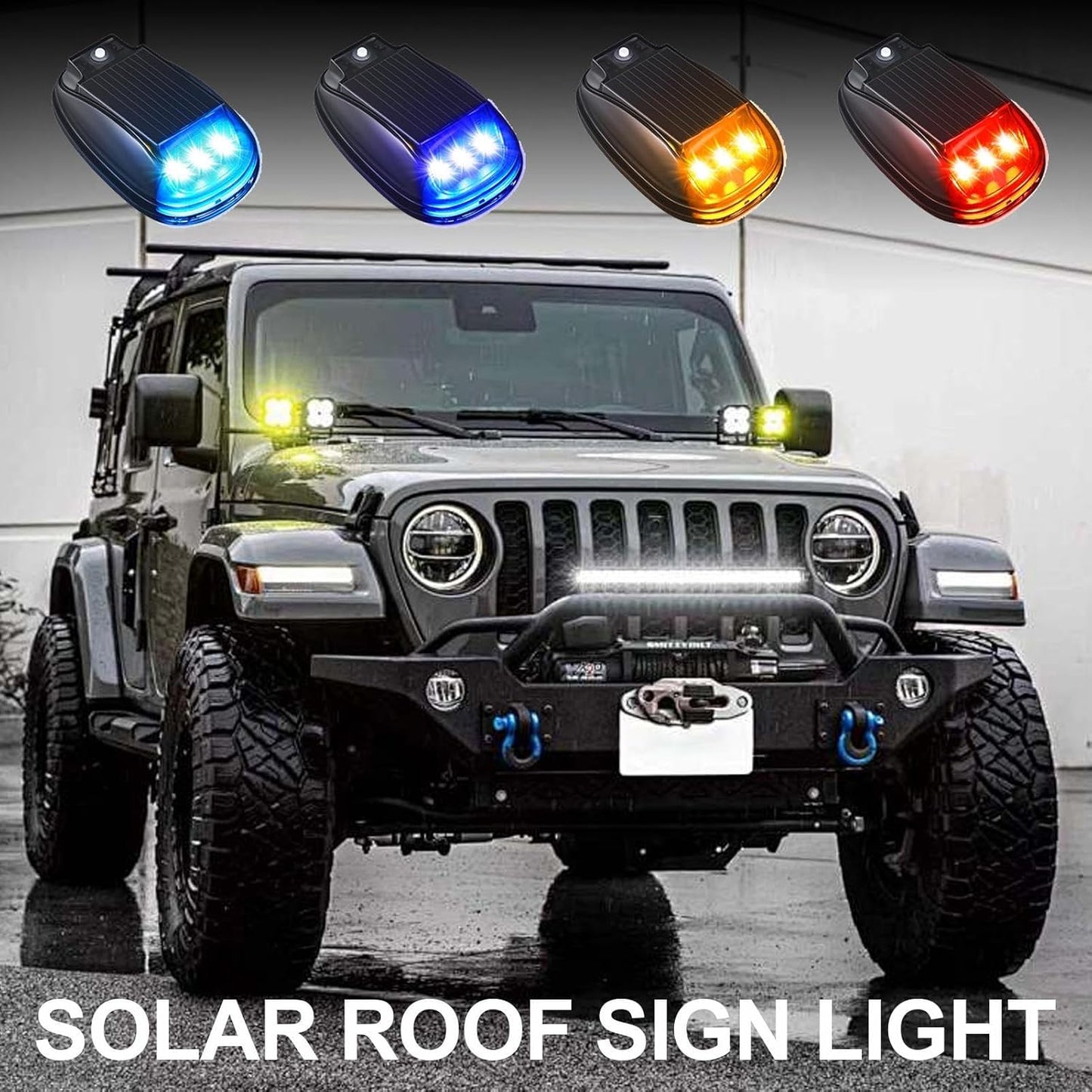 Solar Powered Cab Lights, Smart Sensing Led Roof Marker Lamps, 4 Pack Waterproof Exterior Mount Automotive Lighting Accessories for Trucks Motorcycles Vehicles Trailers Rvs