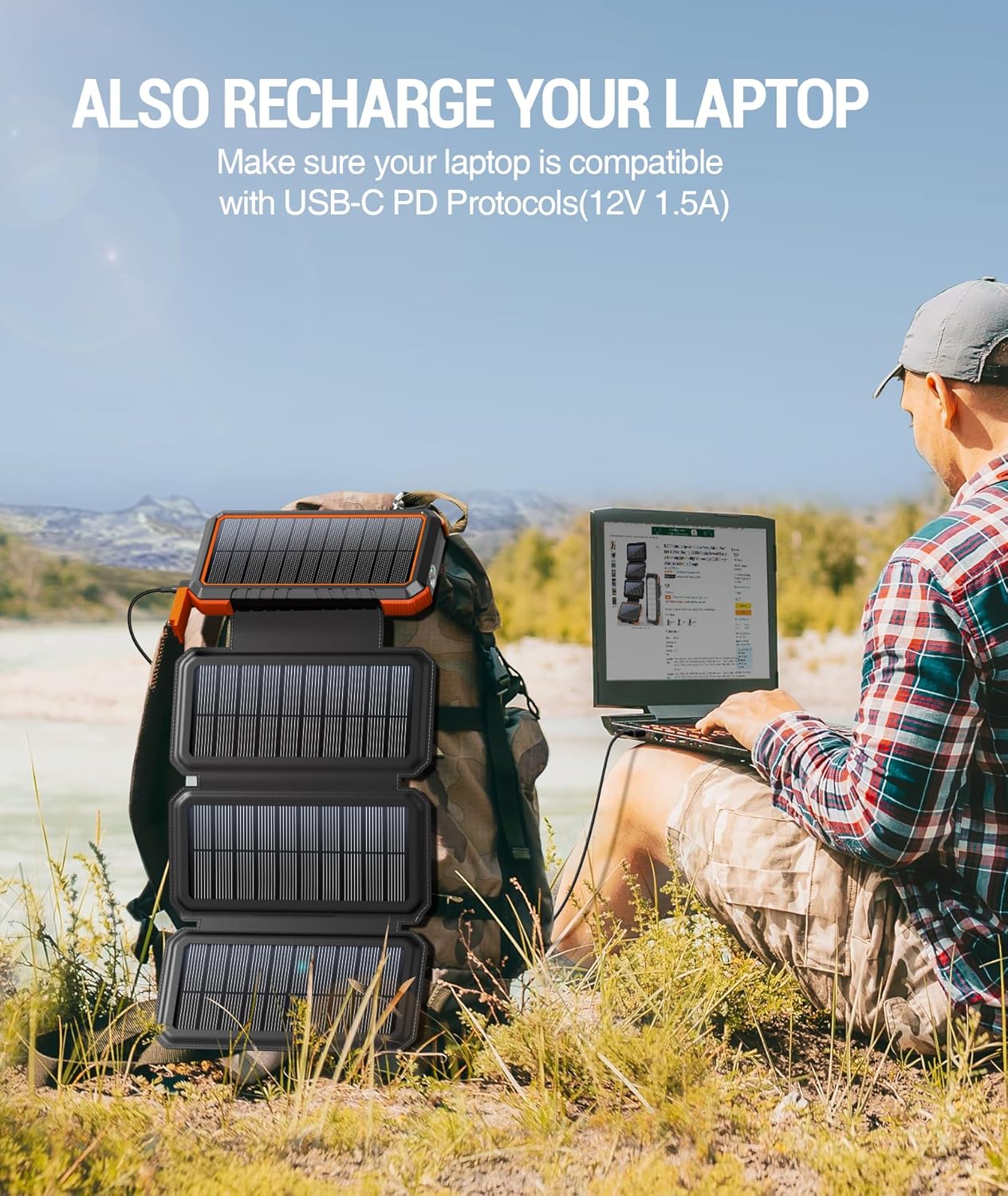 BLAVOR Solar Charger Power Bank,PD 18W QC3.0 Fast Charging 20000mAh Solar Powered Powerbank with 4 Foldable Panels, Type C Input/Output, Camping Light SOS Flashlight, Compass Carabiner