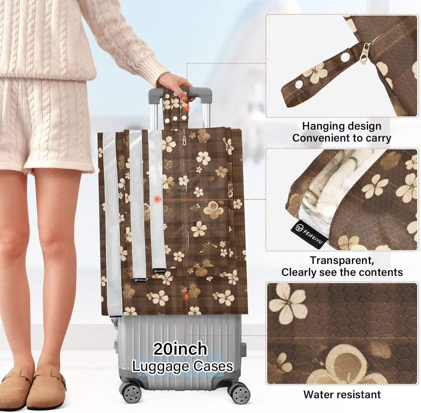 Clovers Brown Plaids 3pcs Travel Packing Storage Bags Portable Folding Closet Organizer Plastic Storage Bags Office Storage & Organization