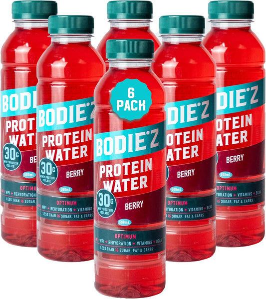 BODIE’Z Optimum 30g Whey Protein Water - Pre-Mixed Protein Powder Drink Less than 1g Sugar Fat and Carbs, 11 Vitamins and Minerals, Supplement for Lean Muscle Growth and Recovery, 500ml Berry 6 Pack
