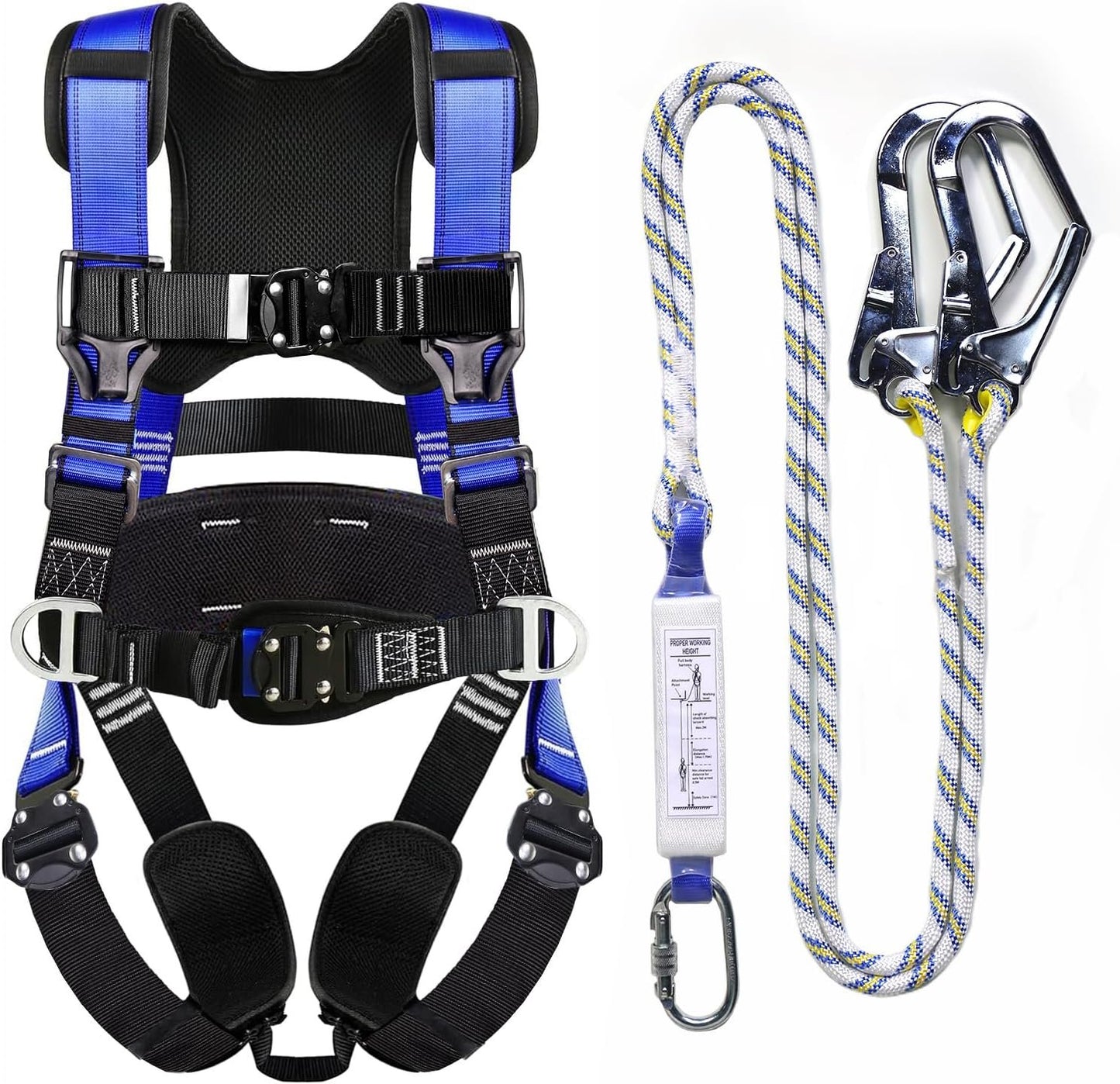 Fall Protection Premium Safety Harness with Shock Absorbing Lanyard, Roofing Constructio Harness, Vented & Padded Shoulder, Legs & Back - Upgrade 4 Quick Buckles (Blue)