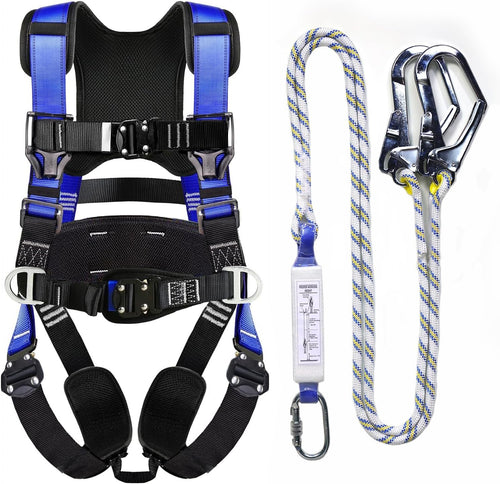Fall Protection Premium Safety Harness with Shock Absorbing Lanyard, Roofing Constructio Harness, Vented & Padded Shoulder, Legs & Back - Upgrade 4 Quick Buckles (Blue)
