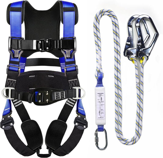 Fall Protection Premium Safety Harness with Shock Absorbing Lanyard, Roofing Constructio Harness, Vented & Padded Shoulder, Legs & Back - Upgrade 4 Quick Buckles (Blue)
