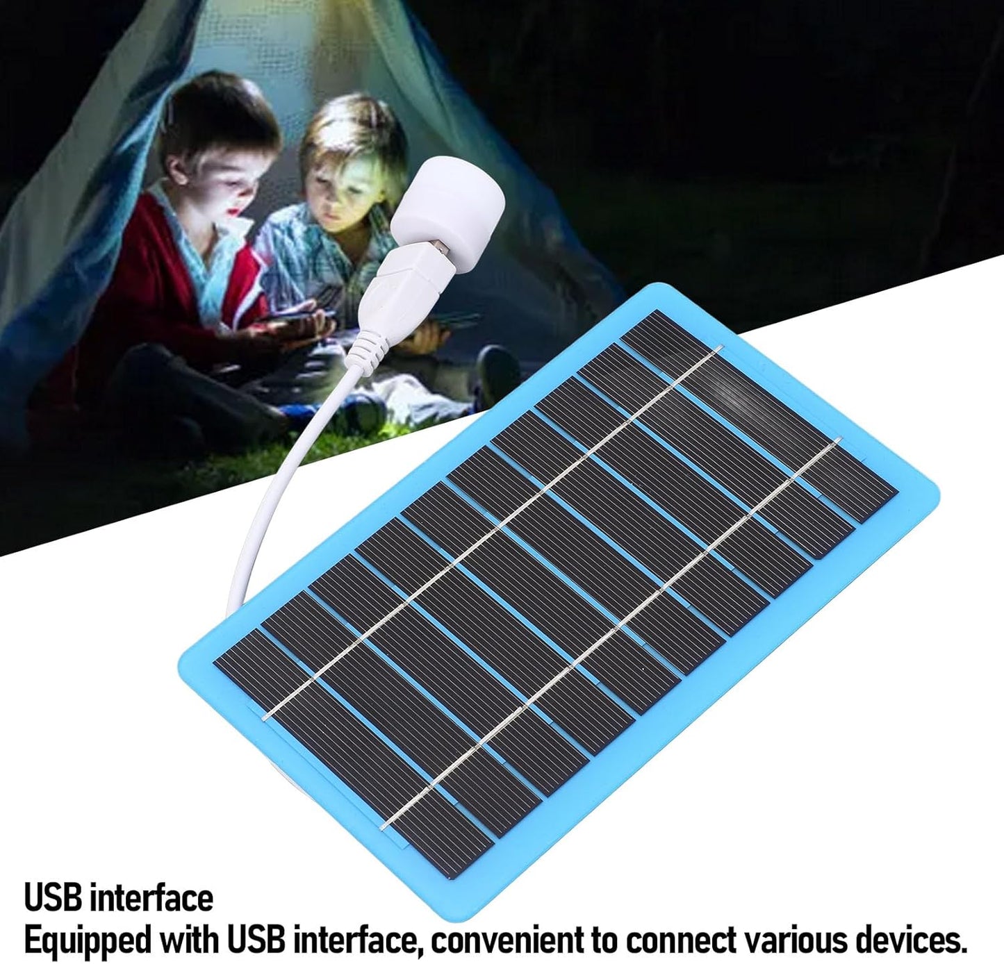 ASHATA 5V 5W Small Blue Solar Panel, USB Solar Charger with White Light, Modern Style, Moderate Efficiency, Ideal for Outdoor Activities, Emergency Light Source