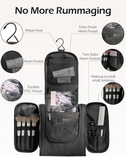 Travel Toiletry Bag for Women and Men, Travel Makeup Bag with Hanging Hook, Large Capacity Water-Resistant Organizer, Cosmetic Bathroom Travel Bag for Toiletries Accessories, Shampoo (Gray)