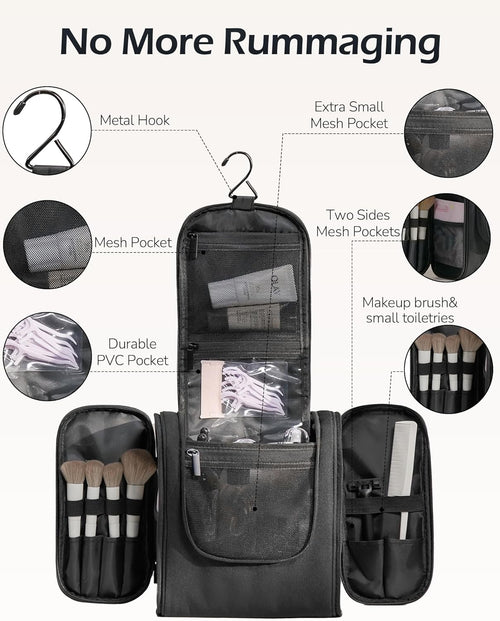 Travel Toiletry Bag for Women and Men, Travel Makeup Bag with Hanging Hook, Large Capacity Water-Resistant Organizer, Cosmetic Bathroom Travel Bag for Toiletries Accessories, Shampoo (Gray)