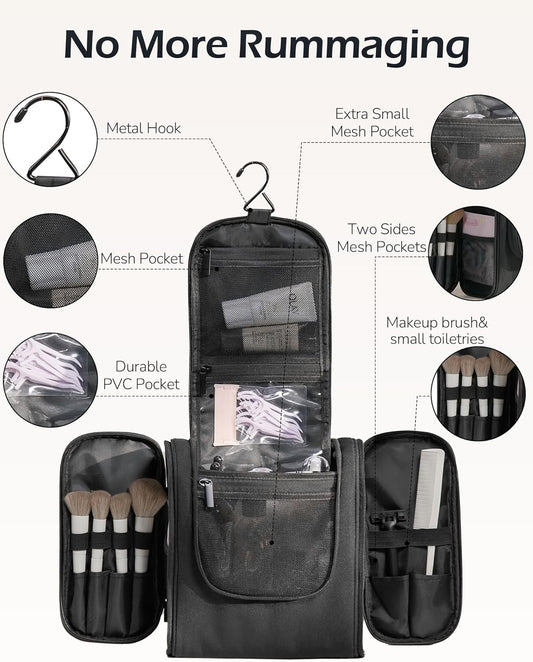 Travel Toiletry Bag for Women and Men, Travel Makeup Bag with Hanging Hook, Large Capacity Water-Resistant Organizer, Cosmetic Bathroom Travel Bag for Toiletries Accessories, Shampoo (Gray)