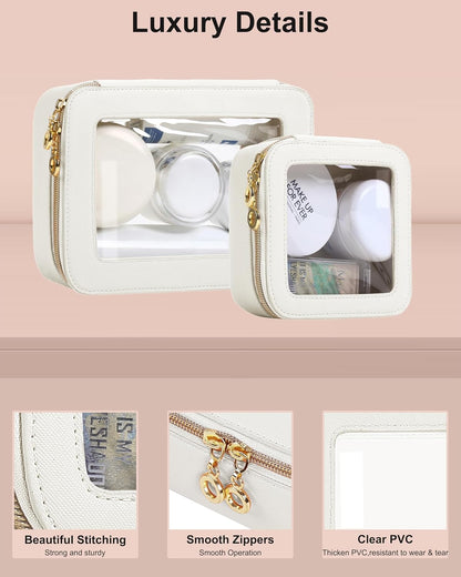 Leather Clear Makeup Bags Set - Travel Clear Cosmetic Bag Case with Zipper, Transparent TSA Approved Toiletry Bags for Travel Essentials Car Accessories for Women (White, S+M)