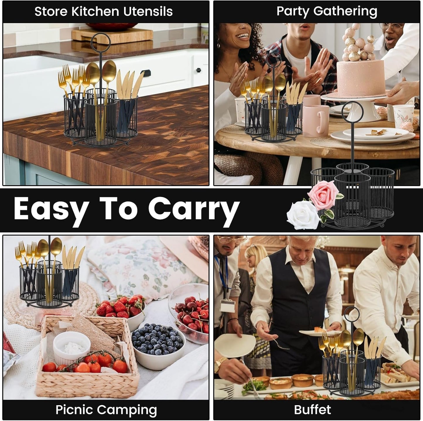 Abizarch 360° Rotating Metal Cutlery Holder - 4 Compartment Silverware Utensil Caddy Rotation Fork Spoon Napkin Organizer Flatware Storage Basket Party Countertop Buffet Picnic Camping Outdoor