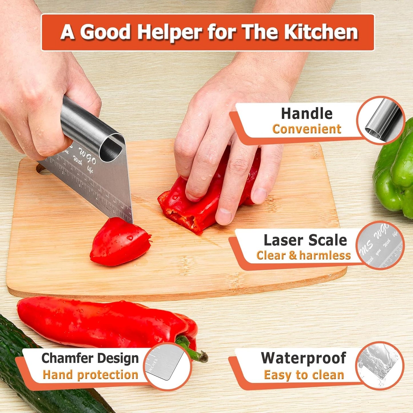 Pro Dough Pastry Scraper/Cutter / Chopper Stainless Steel Mirror Polished Good Grips with Measuring Scale Multipurpose- Cake, Pizza Cutter - Pastry Bread Separator Scale Knife