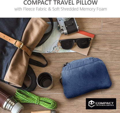 Compact Travel Pillow Made with Shredded Memory Foam and Super Soft Fleece Fabric for Ultimate Comfort in Travel. Patented Design Rolls and Compacts Small for Travel. (Blue)