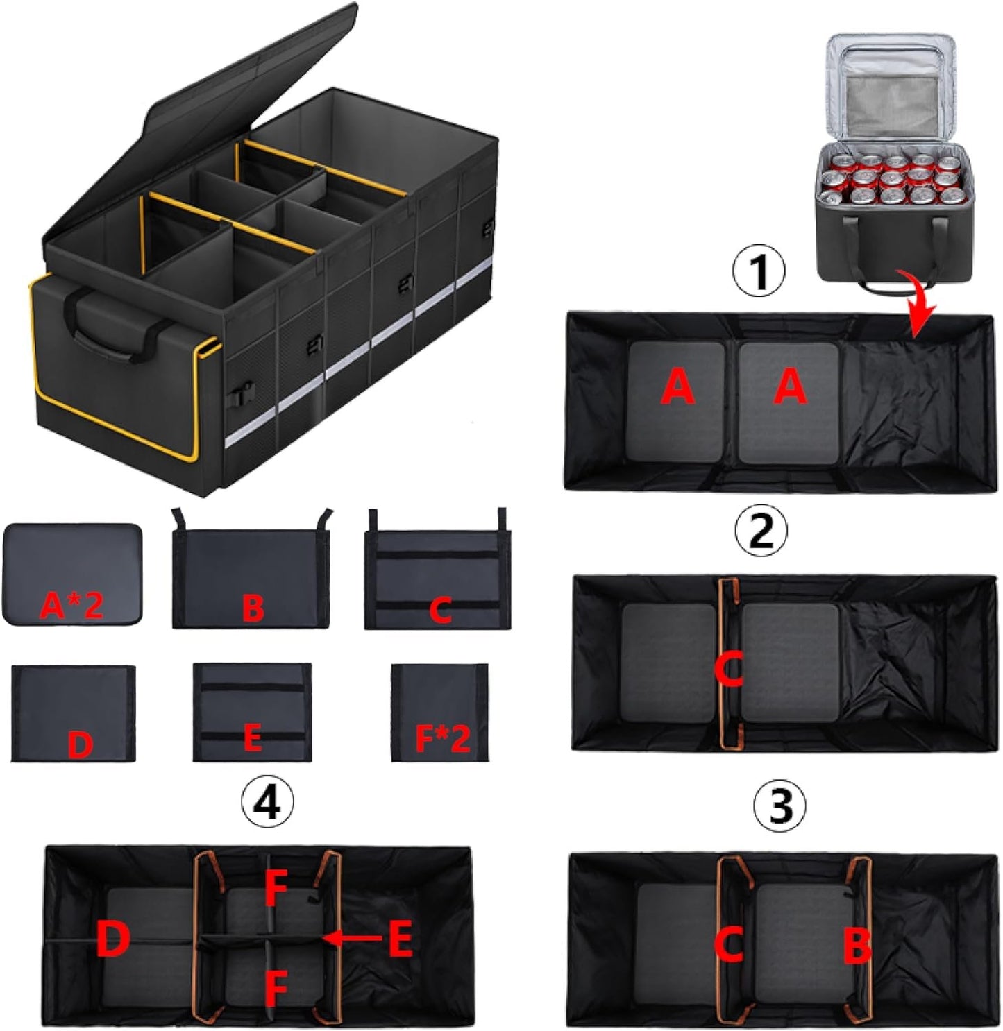 Car Trunk Organizer and Storage with Removable Leakproof Cooler Bag, 6 Removable Dividers for Custom Space, Collapsible Trunk Storage with Non Slip Bottom, Foldable Cover. And 3 Year Warranty