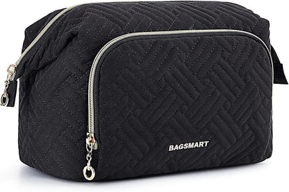 BAGSMART Travel Makeup Bag, Cosmetic Bag Make Up Organizer Case,Large Wide-Open Pouch for Women Purse for Toiletries Accessories Brushes, Black