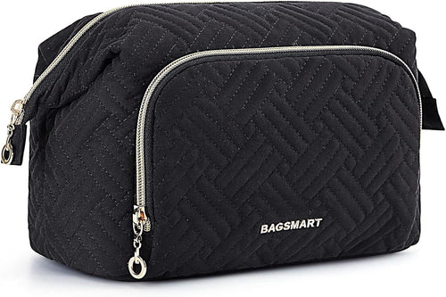 BAGSMART Travel Makeup Bag, Cosmetic Bag Make Up Organizer Case,Large Wide-Open Pouch for Women Purse for Toiletries Accessories Brushes, Black