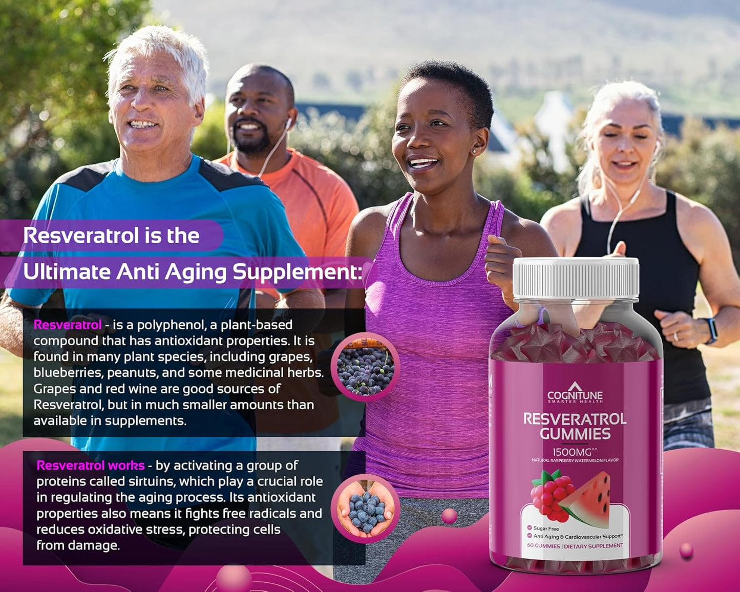 Resveratrol Gummies - Sugar Free Natural Raspberry Watermelon Flavor, 1500mg Resveratrol Supplement for Heart, Brain, Immune Support & Wellness, Powerful Antioxidant with Anti-Aging Benefits