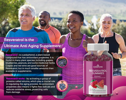 Resveratrol Gummies - Sugar Free Natural Raspberry Watermelon Flavor, 1500mg Resveratrol Supplement for Heart, Brain, Immune Support & Wellness, Powerful Antioxidant with Anti-Aging Benefits