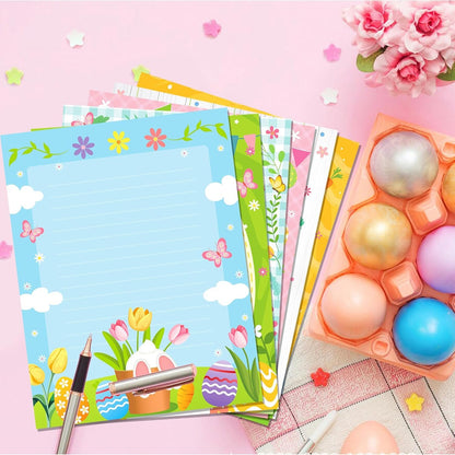 GLKTOPO 60 Sheets Easter Stationery Paper, 8.5" x 11" Double Sided Holiday Letterhead, Multicolor Bunny Egg Pattern Writing Paper for Notes Cards Invitation Scrapbook Crafts to Do List - 6 Design