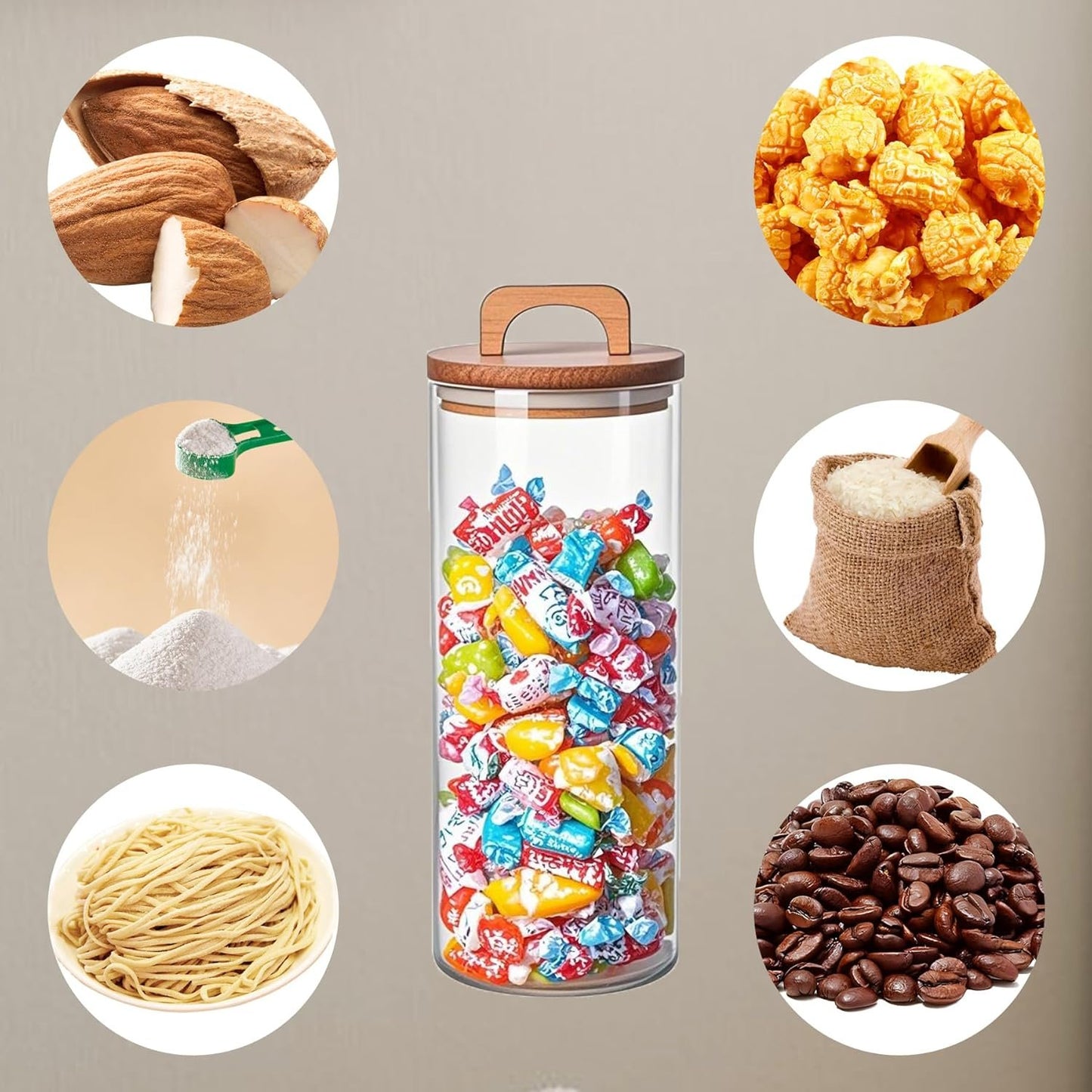 Set of 3 Glass Jars Food Storage Containers with Wooden Lid - Airtight Kitchen Canisters for Spaghetti, Coffee beans, Oat,cereal,Tea, Flour, Sugar, Food Jars With Acacia Wood Lids (1750ml/59oz)