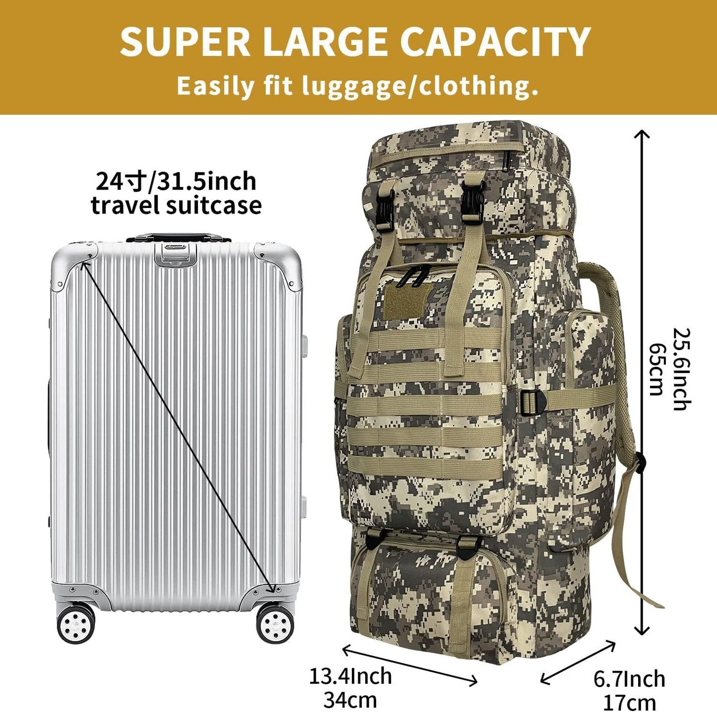 Vaupan Hiking Backpack, 80L Camping Backpack, Waterproof Large Outdoor Sport Travel Daypack Molle Rucksack for Men Women