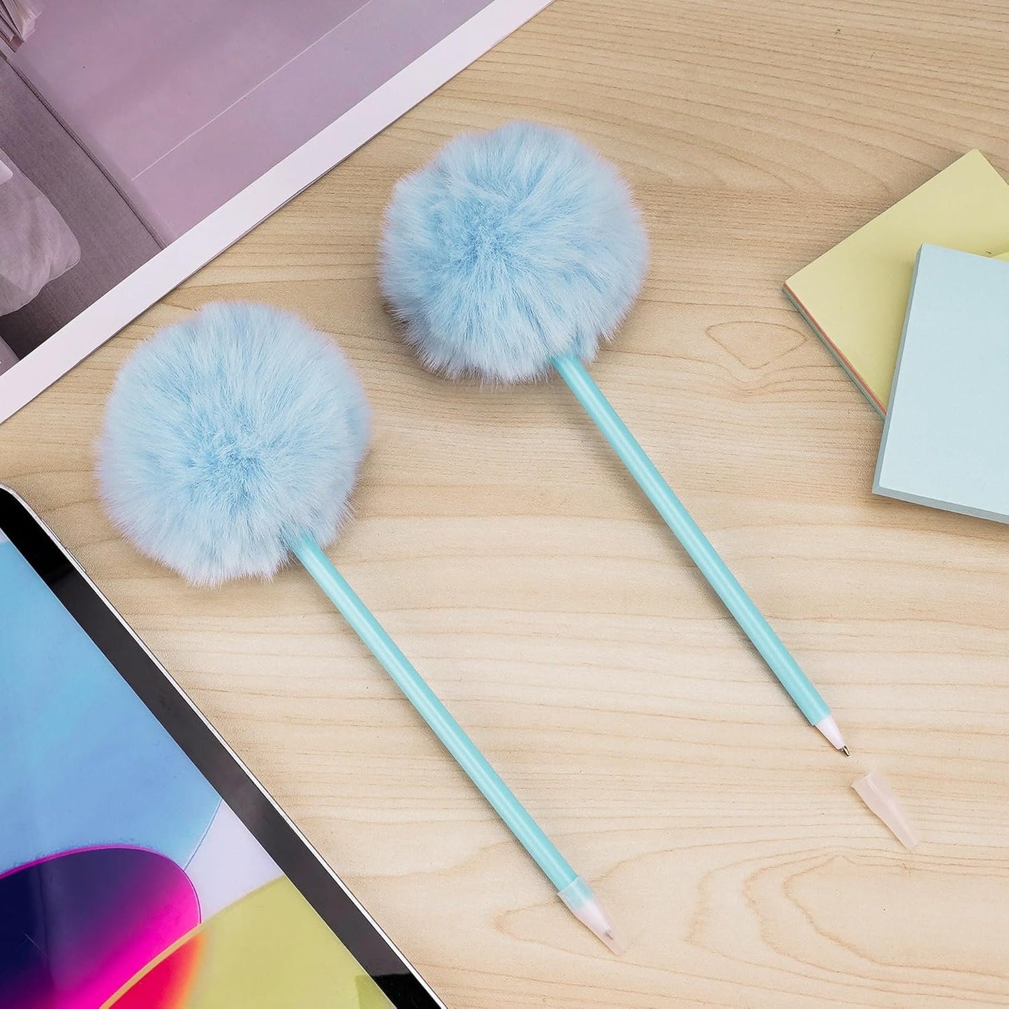 Biiange 4Pcs Fluffy Pen, Pom Pom Plastic Ballpoint Pen, With Black Ink, Gift Pens for Christmas Stationery Carnival Birthday (Blue)
