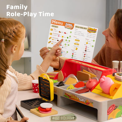 Pretend Play Food Toy for Kids Toddlers, Play Kitchen Accessories Include Sandwich Maker Toy with Slicer for Ham, Menu and Ingredients, Play Restaurant Food Toy for Girls Birthday Gift