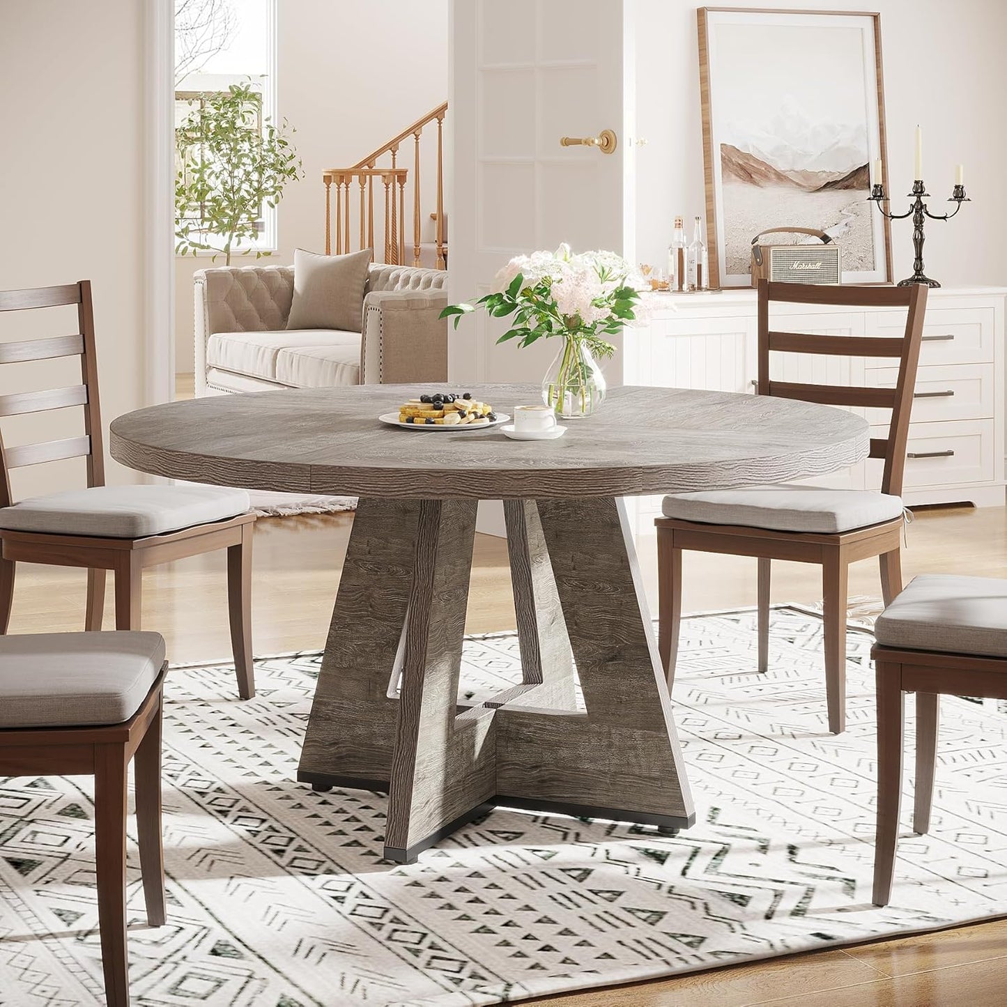 Tribesigns Round Dining Table Wood Kitchen Table for Dining Room, 120 cm Dinning Room Tables for 4 Adult, Farmhouse Dinner Table with Wooden Tabletop and Cross Base, Rustic Grey