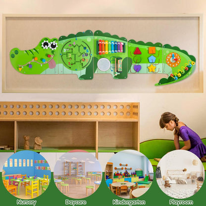 HELLOWOOD Crocodile Activity Wall Panels, 9-in-1 Wall-Mounted Crocodile Busy Board Wooden Montessori Educational Sensory Board Playroom Wall Toys Daycare Learning Toy for Girls Boysâ€¦