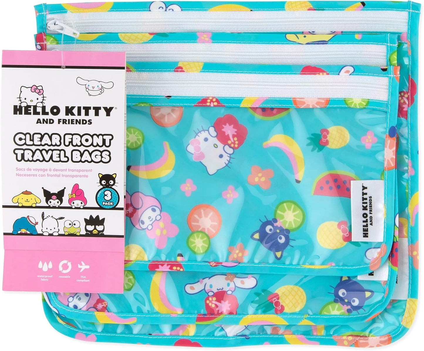 Bumkins Travel Bag, Toiletry, TSA Approved Pouch, Zip Bag, Quart Size Airline Compliant, Clear-Sided, Baby, Diaper Bag Organization, Makeup, Accessories, Packing, Set of 3 Sizes, Hello Kitty