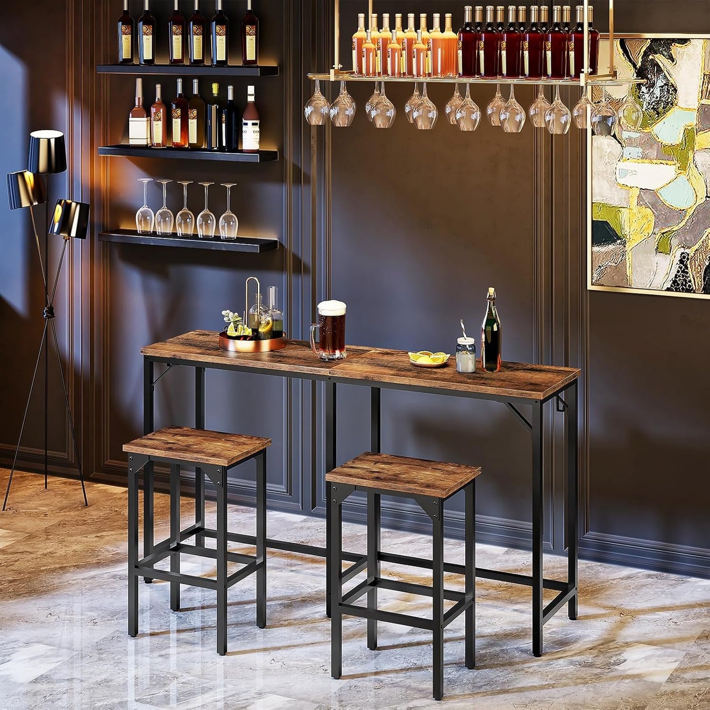 HOOBRO 160 cm Long Bar Table, Rectangular or L-Shaped Assembly Counter Height Bar Table, Vintage Industrial Style, for Living Room, Kitchen, Dining Room, Office, Rustic Brown and Black BF69BT01