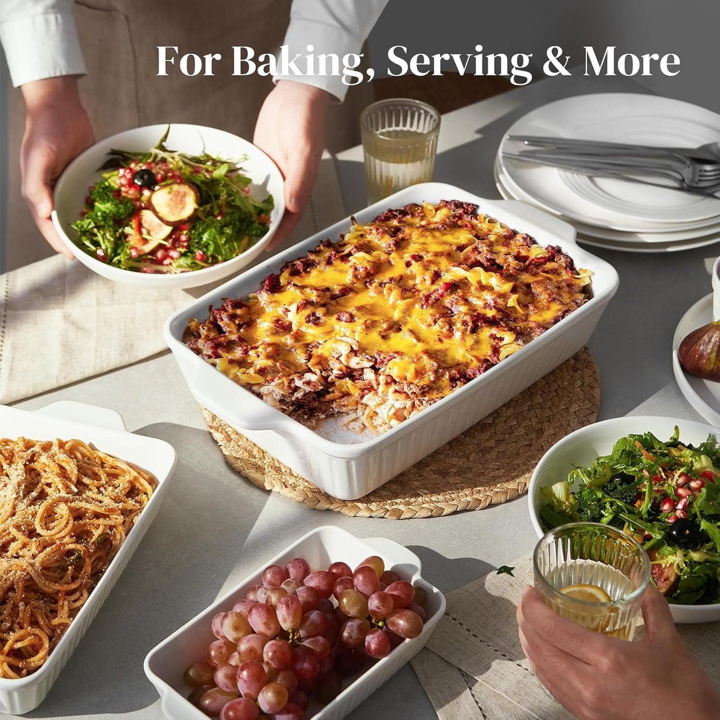 DOWAN Casserole Dishes for Oven, Baking Dishes Set, Ceramic Bakeware Sets of 3, Lasagna Pan Deep, Rectangular Baking Pan Set with Handles for Baking, Casserole, Kitchen, Wedding Gift, White