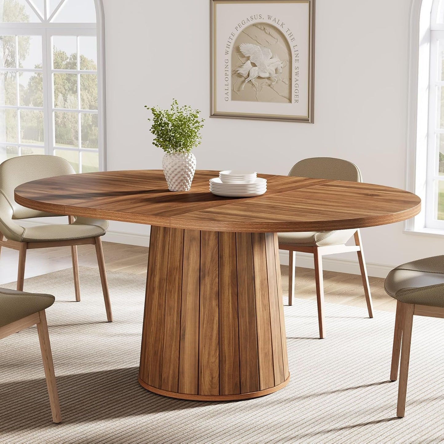 Tribesigns Oval Dining Table for 6 People, 55.11-Inch Farmhouse Kitchen Dinner Table with Cylindrical Pedestal (Brown)