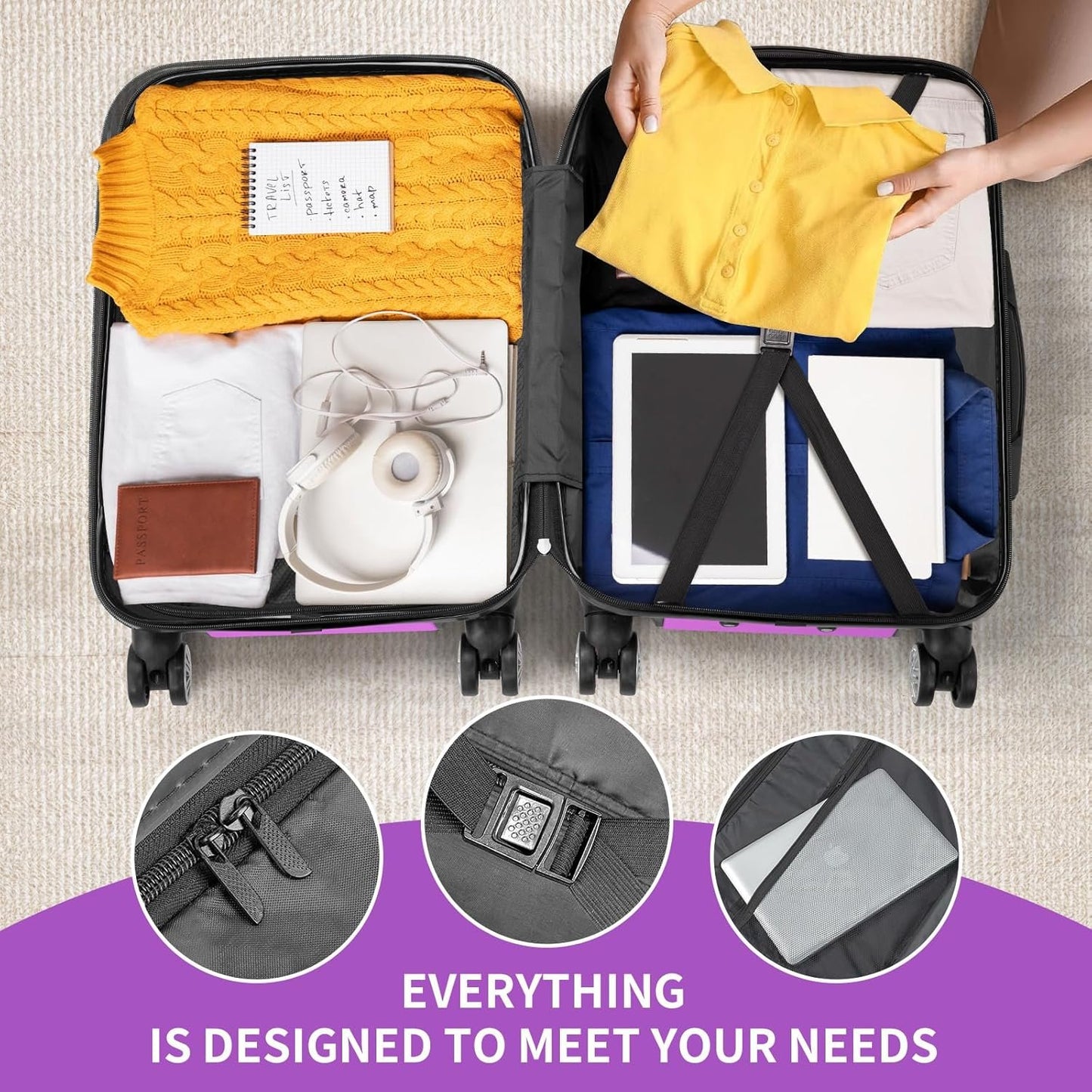 Karl home Luggage Sets 3 Piece, PC+ABS Durable Hardside Suitcase with Double Spinner Wheels TSA Lock, Carry on Luggages for Travel Business - Purple, 20/24/28