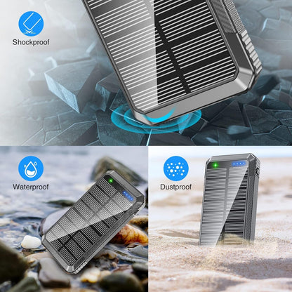 Solar Power Bank 33800mAh Built in 4 Cables, 22.5W USB C Fast Charging Portable Phone Charger, 6 Outputs & 4 Inputs with LED Camping Lights Battery Pack for Outdoor iPhone Samsung Tablet (Black)