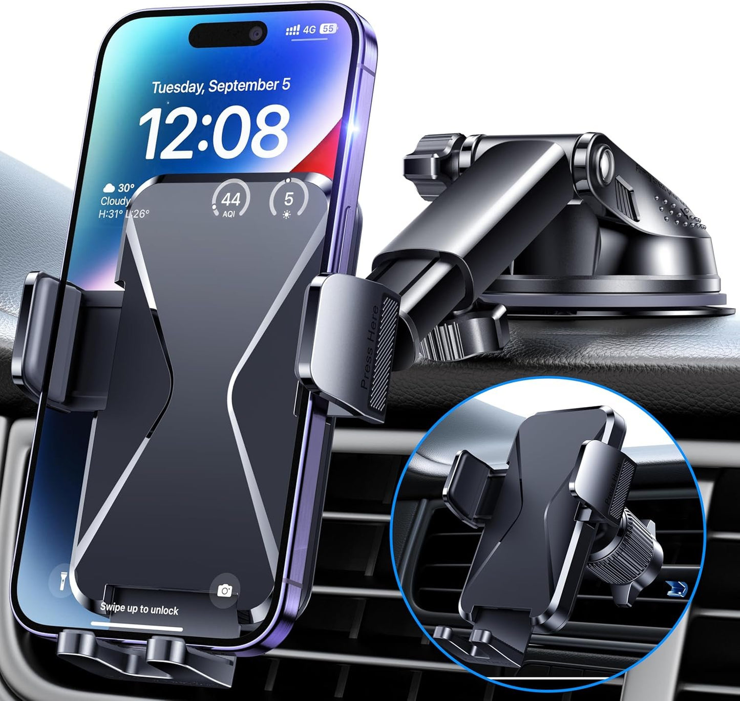 Car Phone Holder Mount, [Military-Grade Suction & Super Sturdy Base] 3 in 1 Universal Cell Phone Holder Car Dashboard Windshield Air Vent Hands Free Car Mount for iPhone Android