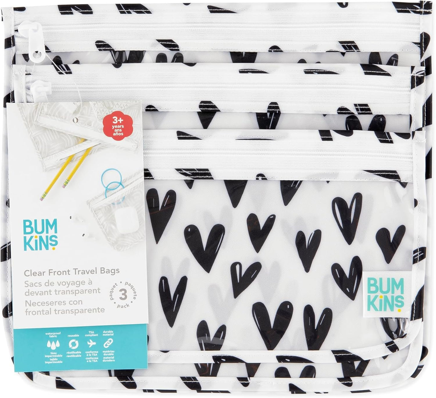 Bumkins Travel Bag, Toiletry, Baby, TSA Approved Pouch, Zip Bag, Quart Size Compliant, Clear-Sided, Diaper Bag Organization, Makeup, Accessories, Set of 3