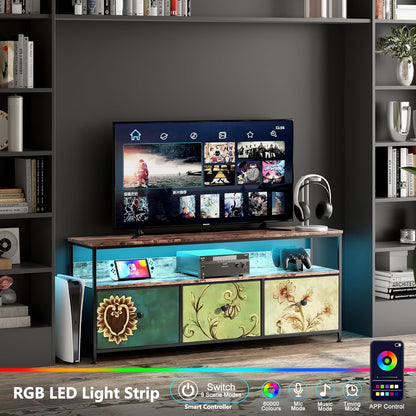 MISNODE TV Unit Unit with LED Lighting and Fabric Drawers and Shelves TV Cabinet Low for Living Room Bedroom (Colorful, Large, 3 Drawers)