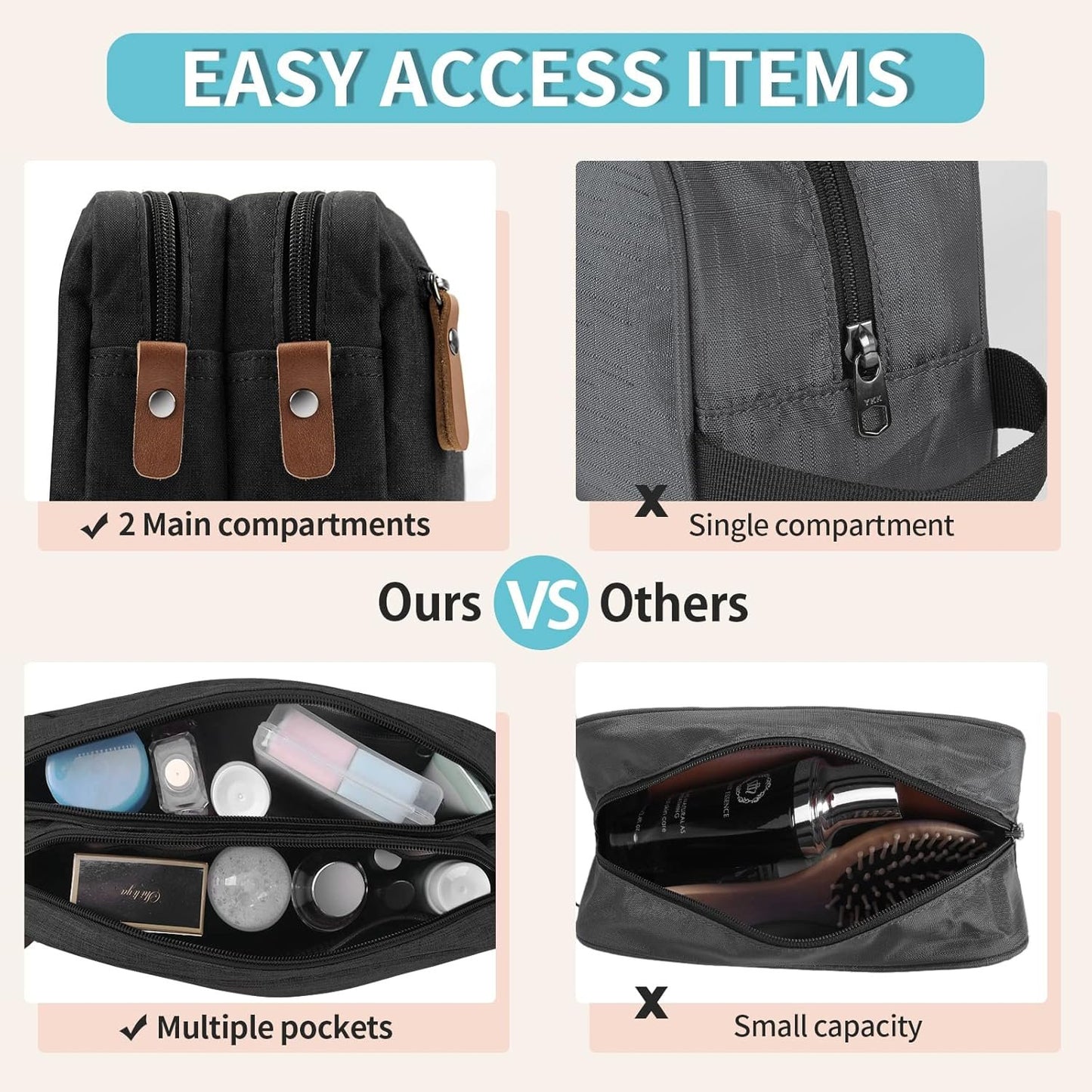 Toiletry Bag Oxford Cloth Toiletry Bag for Men and Women Portable Travel Shaving Dopp Kit Water-Resistant Cosmetic Bag Travel Organizer Storage for Accessories, Black