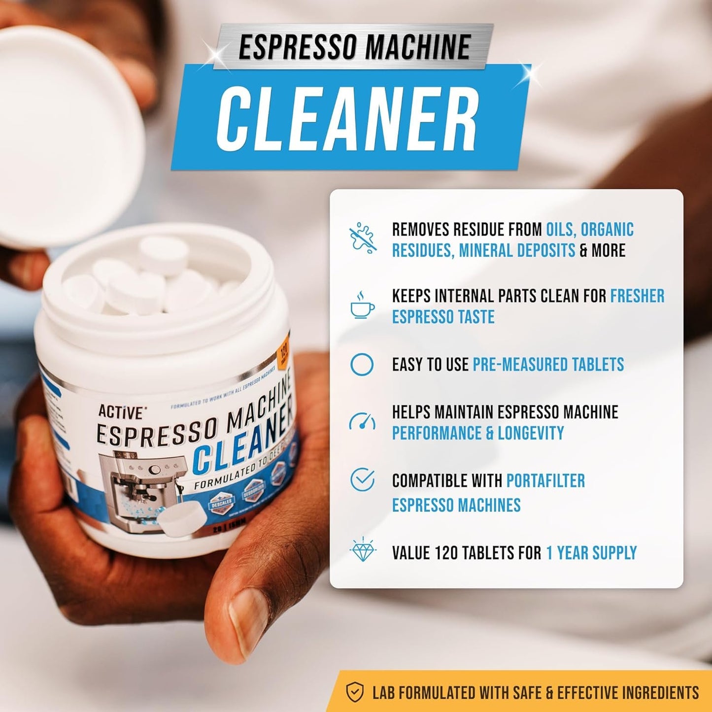 Espresso Machine Cleaning Tablets Descaling - 120 Tabs | Compatible with Breville Barista Express, Gaggia, Delonghi, Jura, Philips | Expresso Maker Backflush Oil Remover Descaler Cleaner Clean Tablet