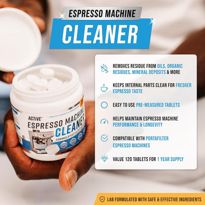 Espresso Machine Cleaning Tablets Descaling - 120 Tabs | Compatible with Breville Barista Express, Gaggia, Delonghi, Jura, Philips | Expresso Maker Backflush Oil Remover Descaler Cleaner Clean Tablet