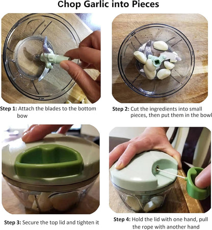 Brilliant JJJJ Complete Set for Hassle-Free Garlic Prep - 400ML Manual Food Chopper, Vegetable Chopper, Hand-Pull Food Processor, and Silicone Garlic Peeler with Cleaning Brush for Chopper Blades