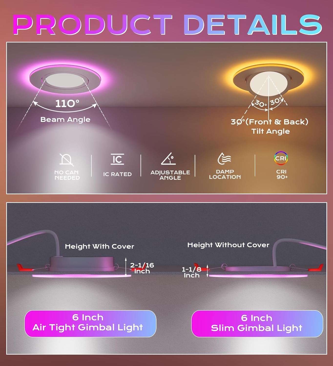 CLOUDY BAY [4 Pack] 6 Inch Gimbal Smart Recessed Lighting with Gradient Accent Light and Night Light,15W 2700K~6500K RGB LED Recessed Lights, Compatible with Alexa and Google Home Assistant