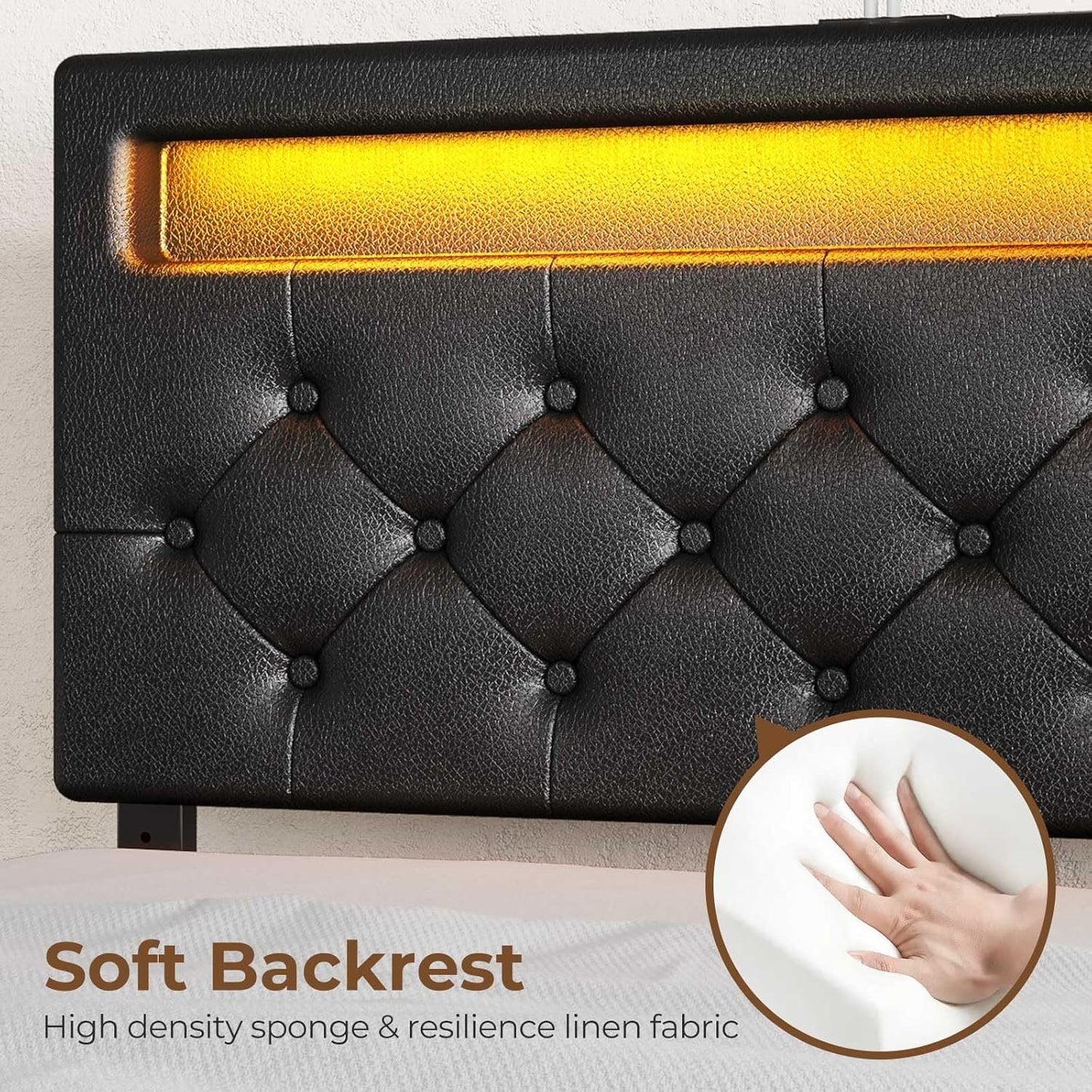 Rolanstar Full Size Bed Frame with 4 Storage Drawers and Charging Station, Upholstered PU Leather Bed with Adjustable Headboard and LED Lights, No Box Spring Needed, Easy Assembly, Black