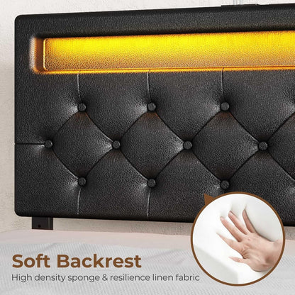 Rolanstar Full Size Bed Frame with 4 Storage Drawers and Charging Station, Upholstered PU Leather Bed with Adjustable Headboard and LED Lights, No Box Spring Needed, Easy Assembly, Black