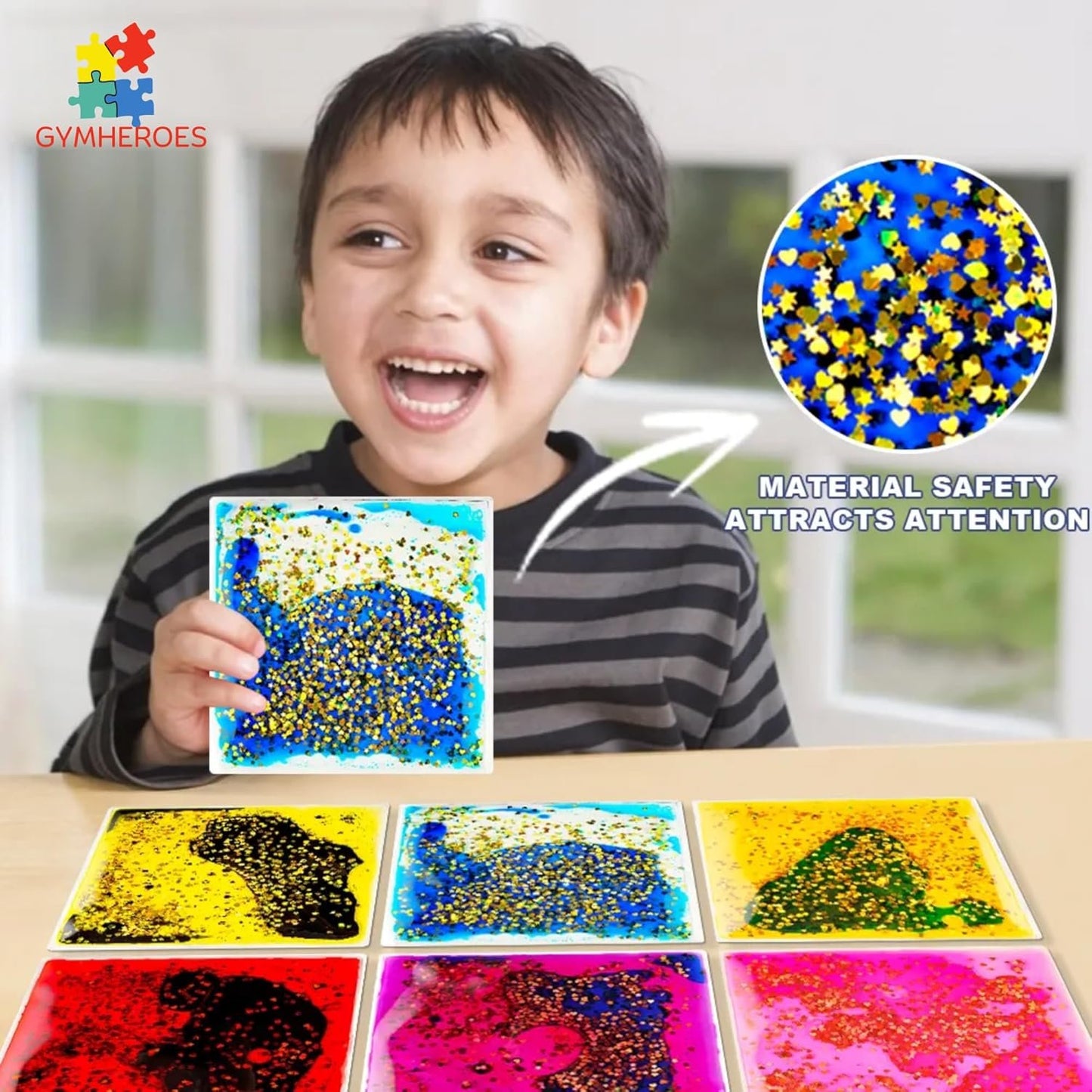 GYMHEROES Sensory Liquid Fidget Soft Gel Toys for Kids (Pack of 6), Anxiety Relief, Calming, Fine Motor Skills, Occupational Therapy Toys for Kids Ages 3+, Liquid Motion Sensory Play, Square Shape