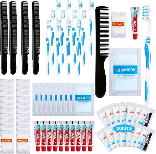 Tiangrid 96 Sets Personal Hygiene Kit Basic Toiletry Kits Homeless Supplies Bulk for Women, Men, Travel, Charity, Business Include 96 Shampoo, 96 Toothbrush, 96 Toothpaste, 96 Comb, and 96 Bath Soap