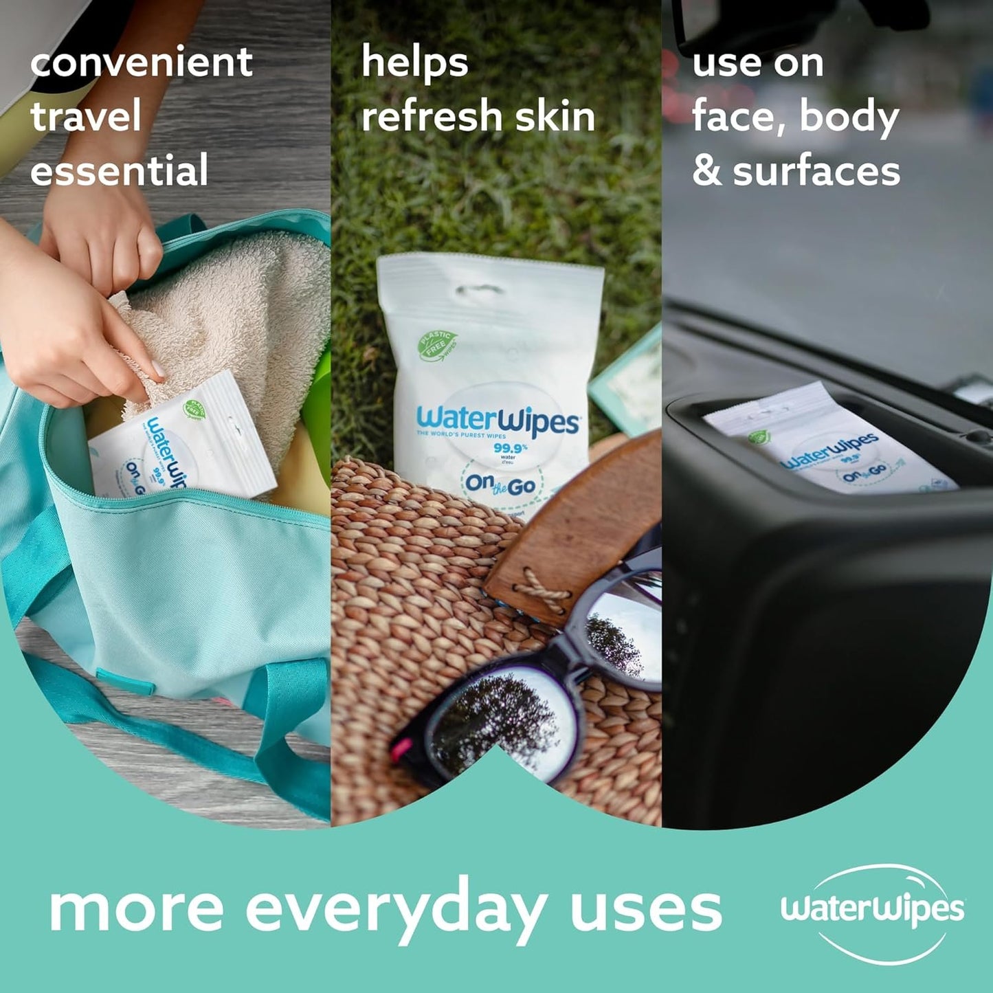 WaterWipes On The Go Wipes, 99.9% Water-Based Wipes for Travel, Sports, and to Refresh Skin, Unscented & Hypoallergenic, 100 Count (10 Packs)