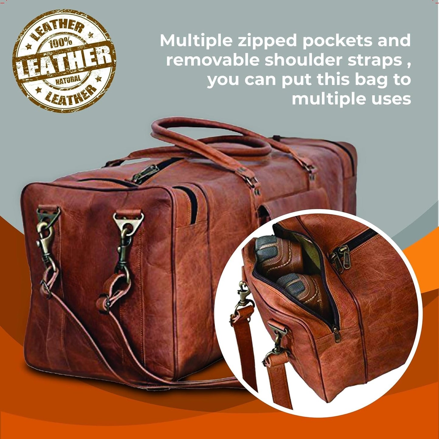 Leather Duffel Bag 28 inch Large Travel Bag Gym Sports Overnight Weekender Bag by Komal's Passion Leather, Brown