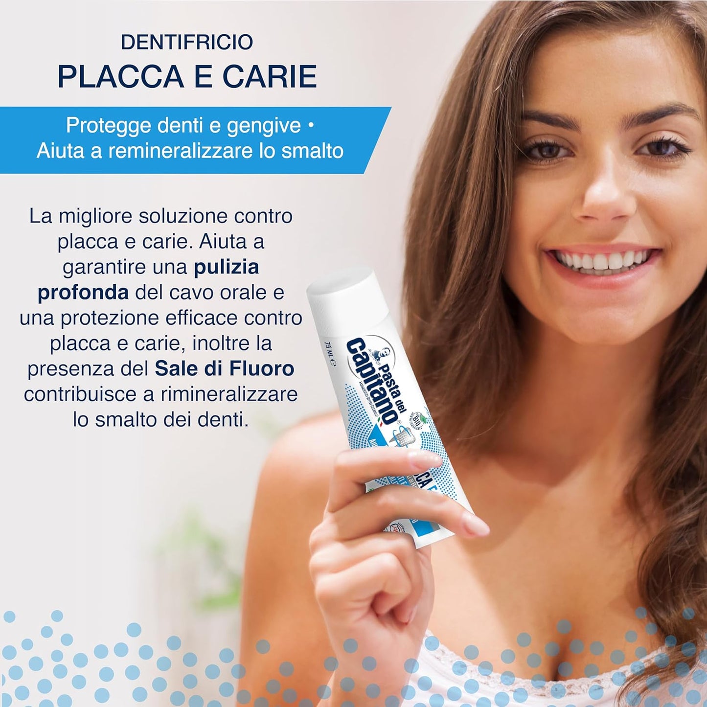 Pasta del Capitano, Toothpaste Plaque and Organic Caries, Ensures Deep Cleaning, Protects Teeth and Gums, Ideal Solution against Plaque and Caries, 100% Made in Italy, 75 ml Tube